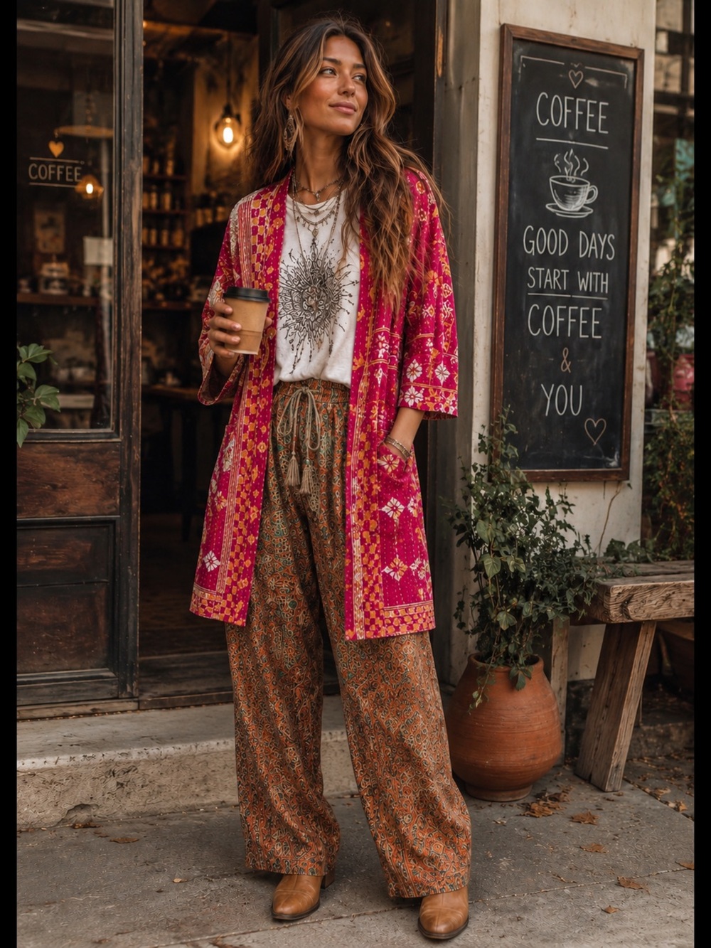 Kantha Vibrant Pink, Green and Yellow Patterned Kimono